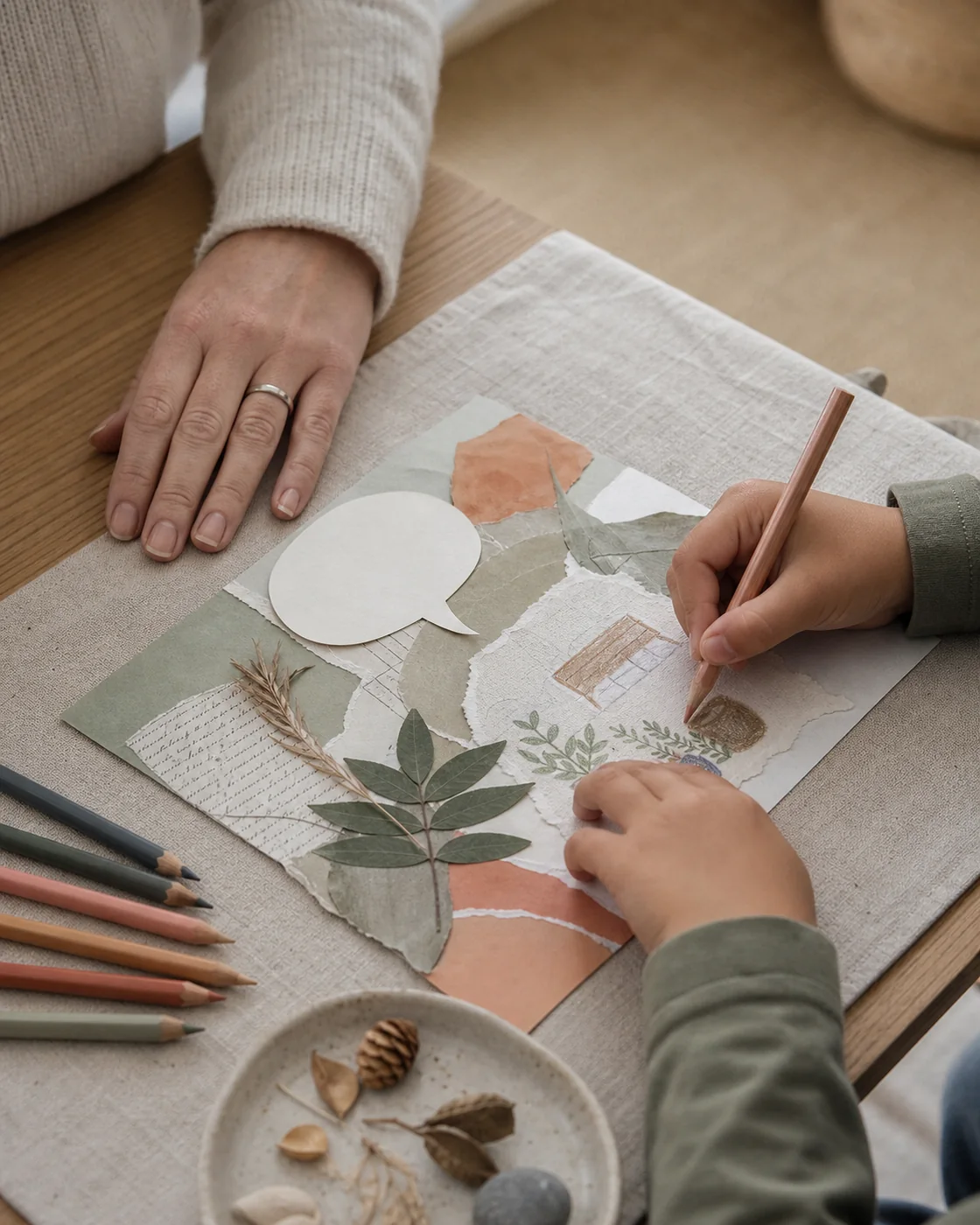 A child creating a calm-place collage with drawing and natural craft materials