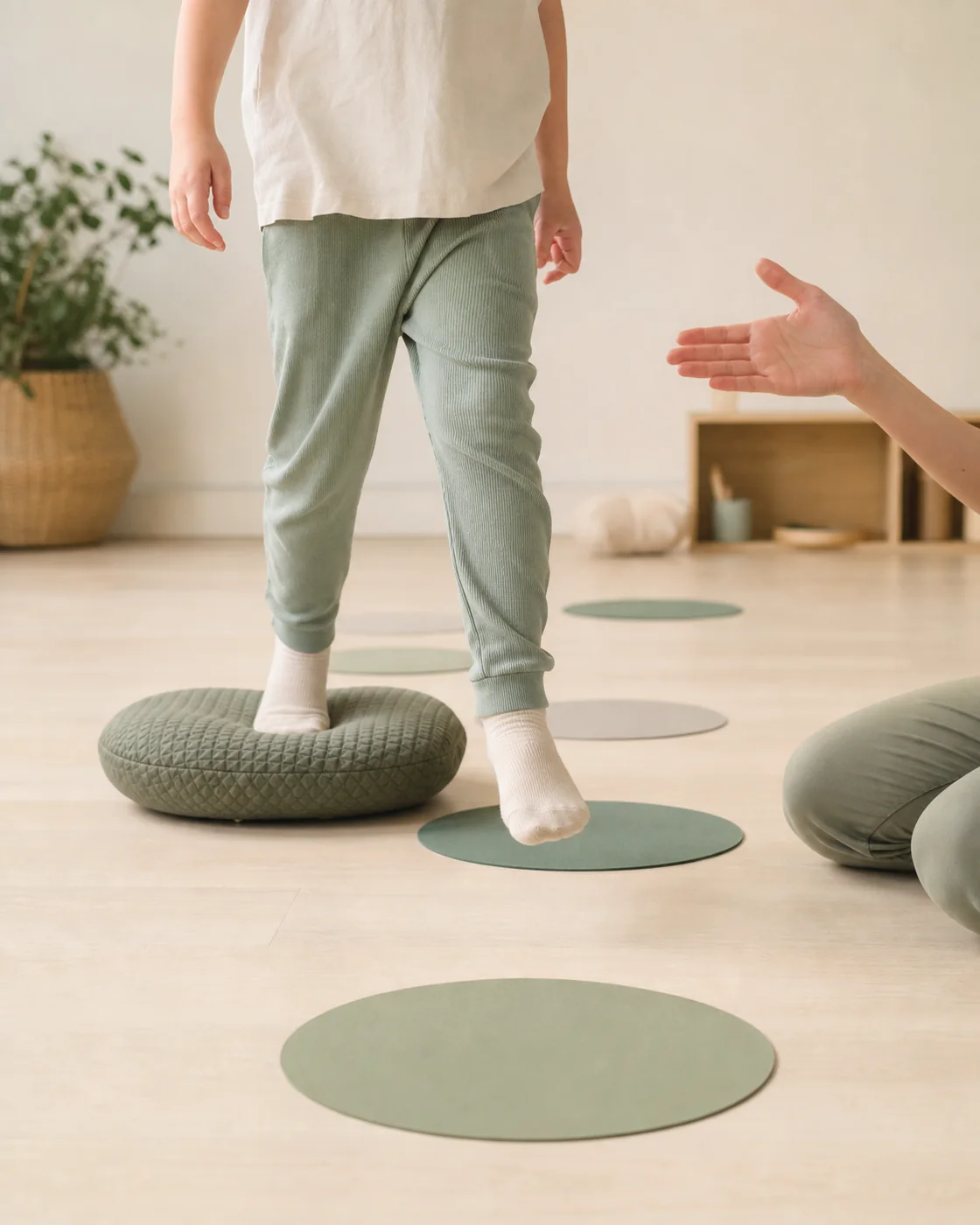 A child following a gentle movement path with balance equipment and support from a wellbeing coach
