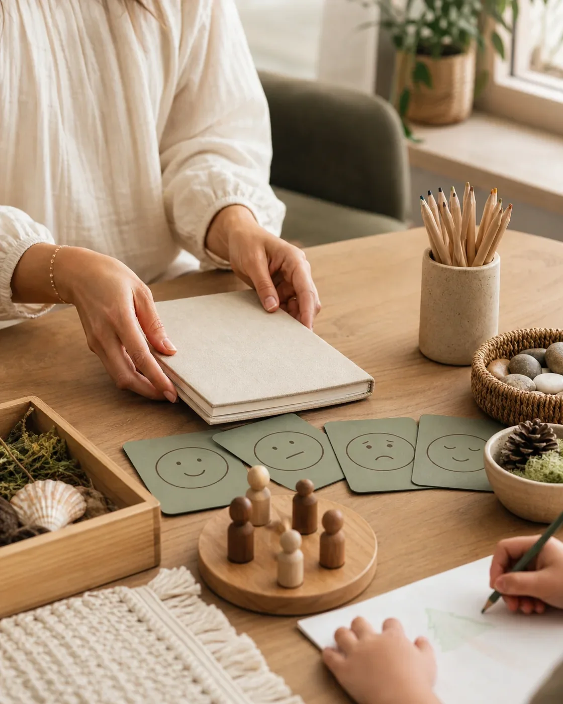 A wellbeing coach preparing a notebook, emotion cards and creative resources for a child-centred consultation