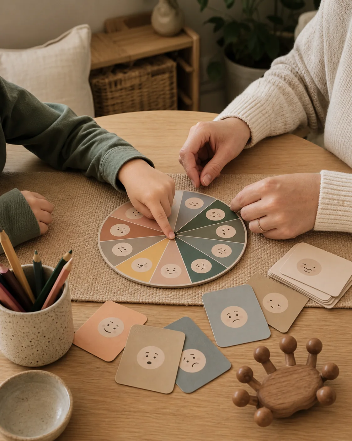 A child and trusted adult using a feelings wheel and emotion cards together during a calm activity