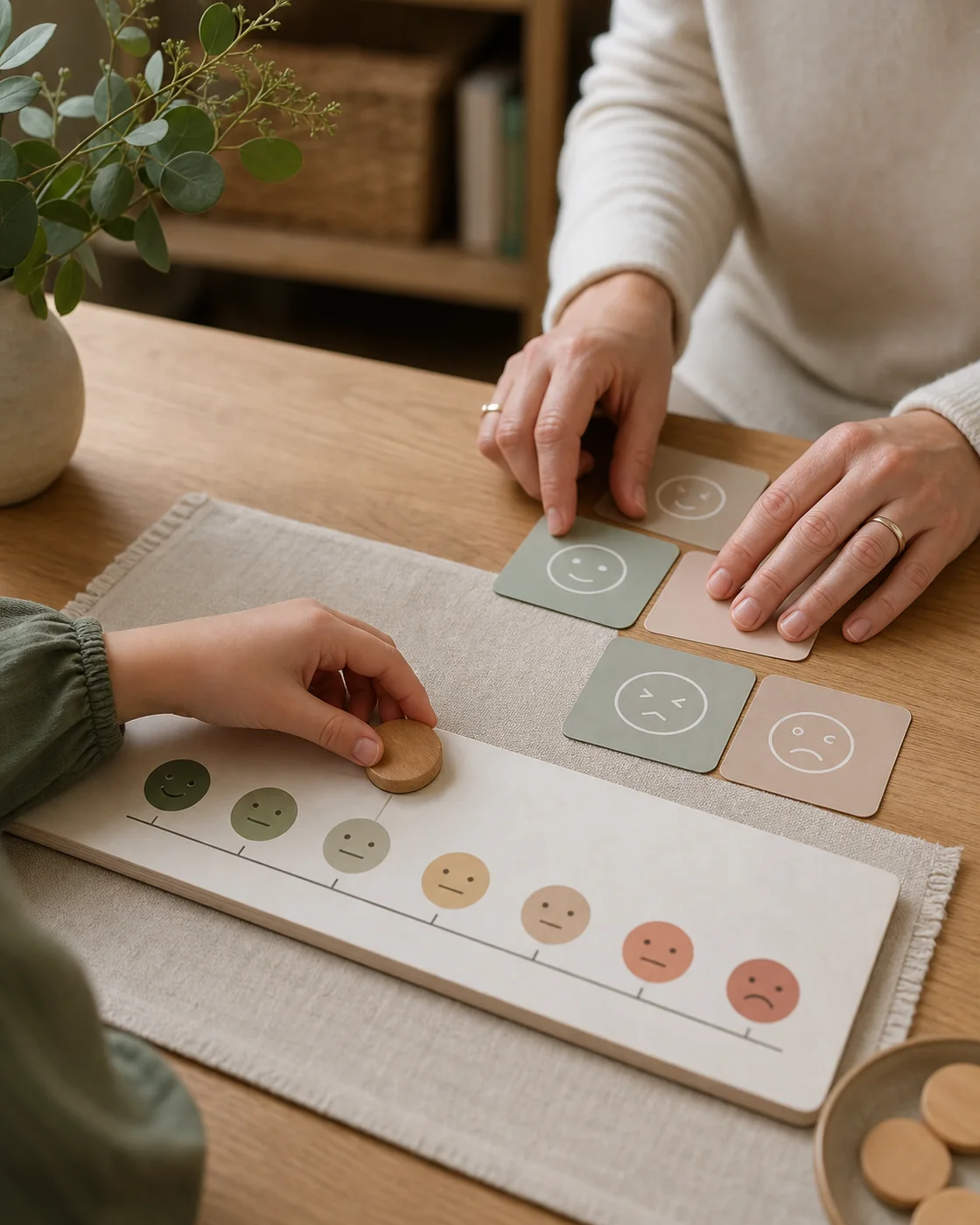A child and wellbeing coach using a feelings scale and emotion cards during a calm coaching activity