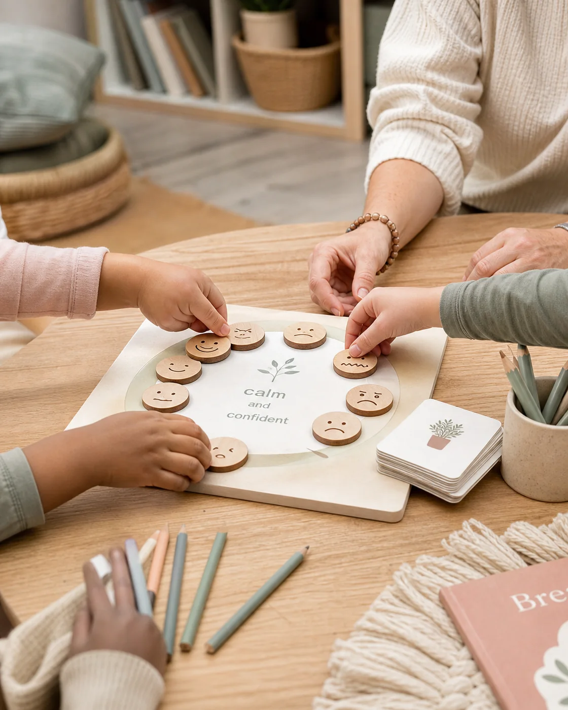 Primary school pupils and a wellbeing coach using emotion tokens together during a small group activity