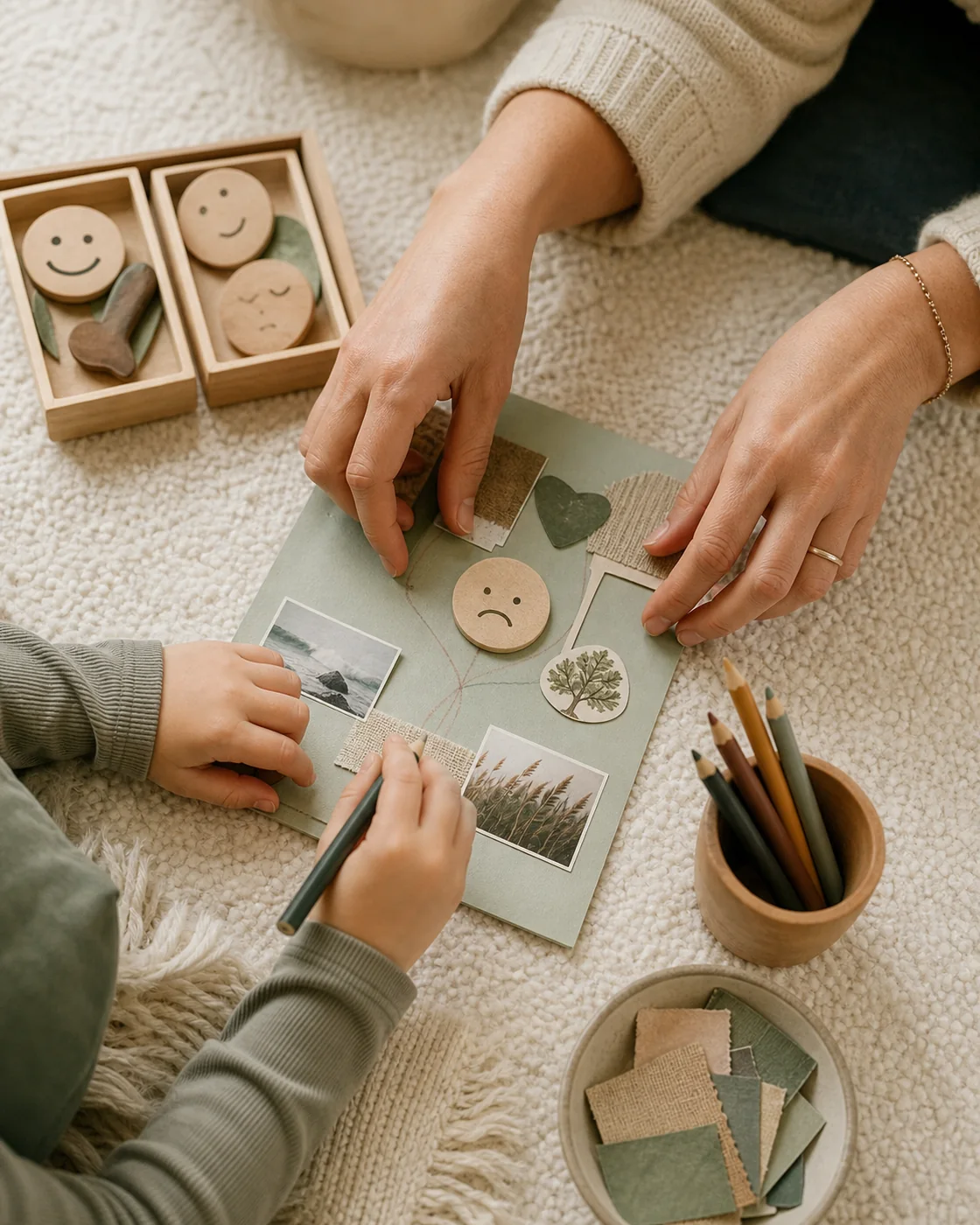 A child and wellbeing coach using emotion tokens and creative materials together during a calm session